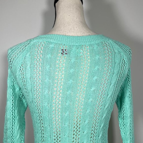 SO Teal Crew Neck Eyelet Embroidered Hem 3/4 Sleeve Pullover Sweater XS - Picture 11 of 12